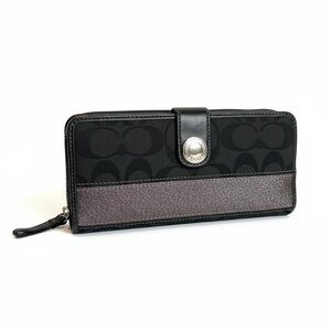 Coach Black Signature Continental Wallet with Metallic Gunmetal Panel
